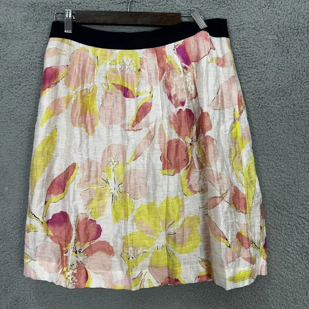 LOFT skirt womens 8 pink floral watercolor abstract‎ linen blend romantic girly